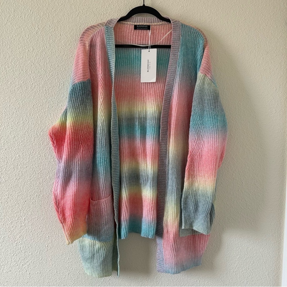 BLOOMCHIC Women’s Open Front Cardigan Sz US 18-20 NWT Rainbow Pastel Granny work